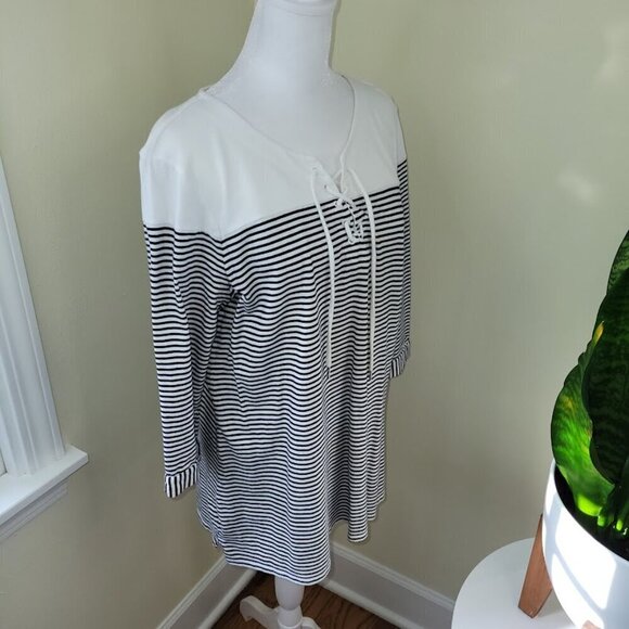 Chico’s Nautical Mariner Striped Top Blue & White Lace Neck Tee Women's Size L - Picture 7 of 13